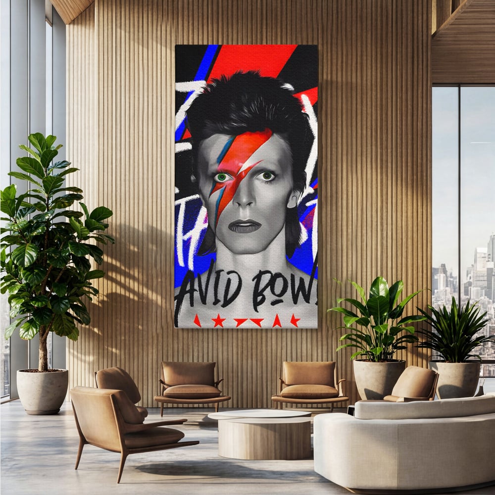 Tablou canvas cu tablou portret david bowie cu fulger, fara rama, pe sasiu de lemn, pe perete intr-un birou